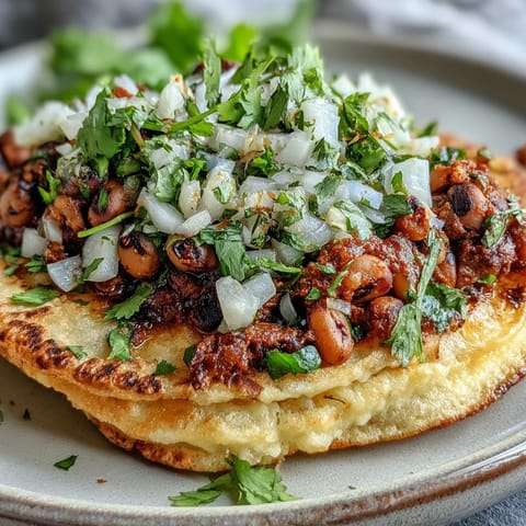 Warm Black-Eyed Pea Tacos topped with fresh cilantro, diced onion, and a lime wedge ready to eat.