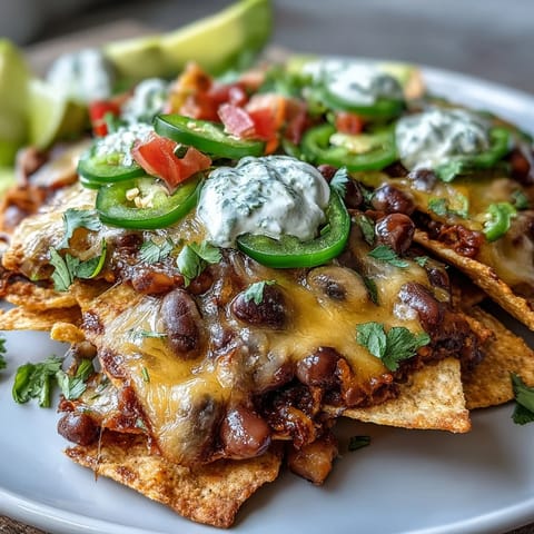 Black-Eyed Pea Nachos baked with melted cheddar and topped with jalapeños, fresh tomato, and sour cream on a platter.