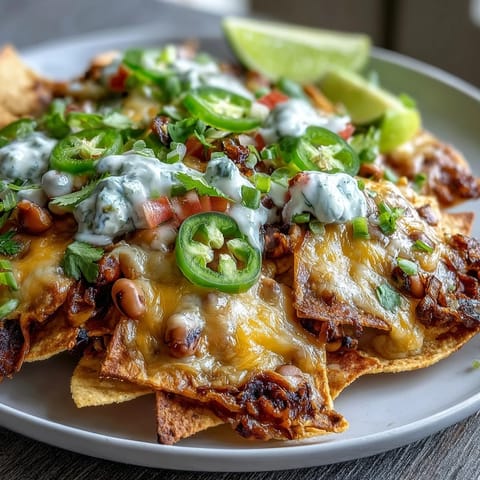 Loaded Black-Eyed Pea Nachos with crispy tortilla chips, hearty black-eyed peas, and fresh cilantro garnish served with lime wedges.