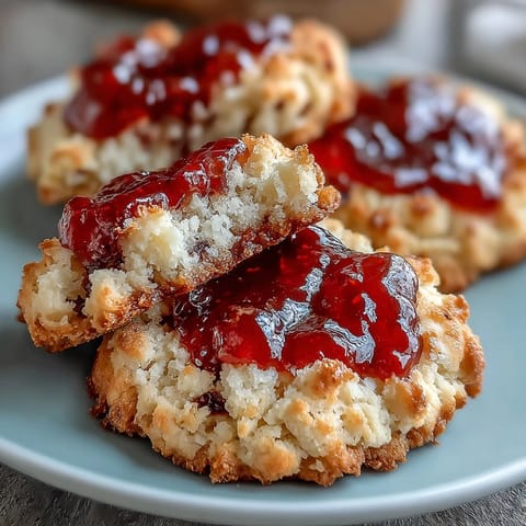 Fresh strawberry jam thumbprint cookies with golden edges and ruby-red centers, perfect for spring gatherings and tea parties.