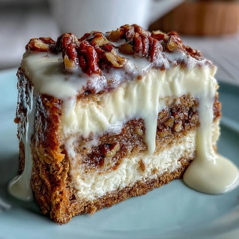 Decadent carrot cake cheesecake bars with swirls of spiced carrot cake and creamy cheesecake filling, topped with smooth cream cheese frosting.