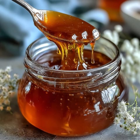 A golden jar of dandelion jelly, capturing spring's floral sweetness in a delicate spread.  