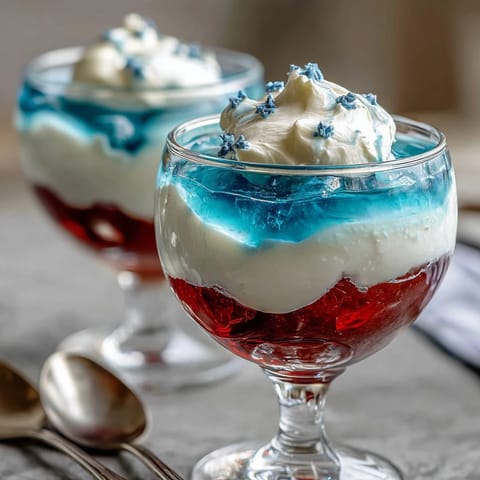 Red, white, and blue layered Jello cups with vibrant stripes, perfect for patriotic celebrations and summer parties.
