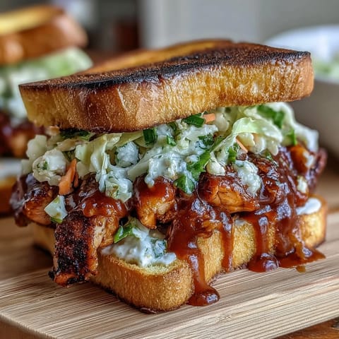 Tender shredded BBQ chicken piled high on toasted slider buns, topped with crisp, creamy coleslaw for a festive bite.