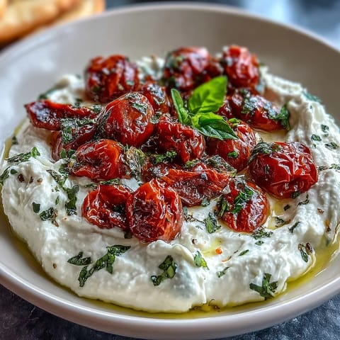 Creamy whipped feta topped with sweet, blistered cherry tomatoes, perfect for a Mediterranean appetizer or party snack.  