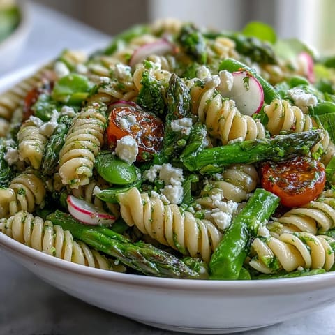 Spring pasta salad with lemon vinaigrette and radishes, bursting with fresh vegetables and tangy citrus dressing, perfect for a light lunch or picnic side dish.