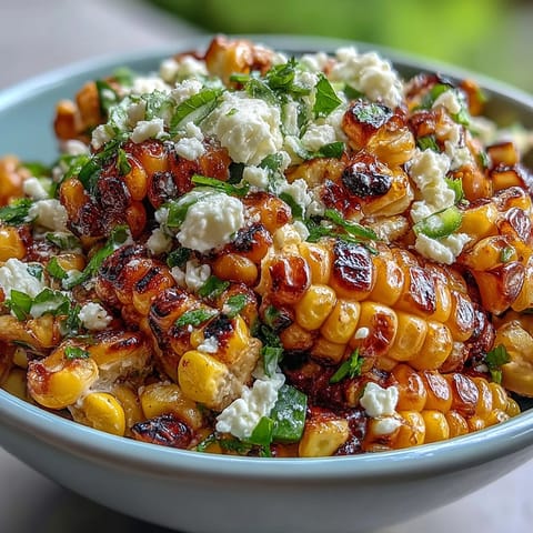 Mexican Street Corn Salad with charred corn and Cotija cheese in a creamy lime dressing, garnished with fresh cilantro.