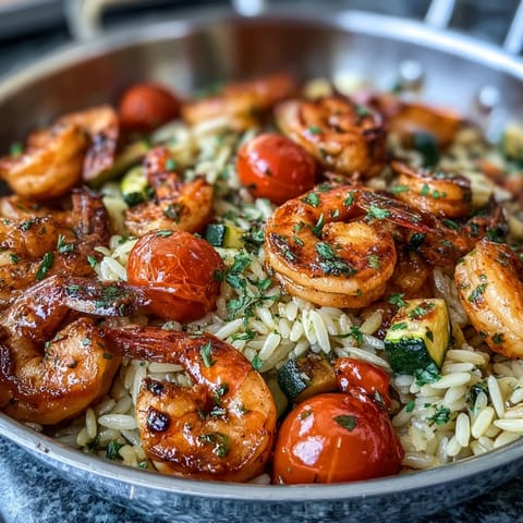 One-pan lemon butter shrimp and orzo with cherry tomatoes and zucchini, cooked in a zesty garlic broth.