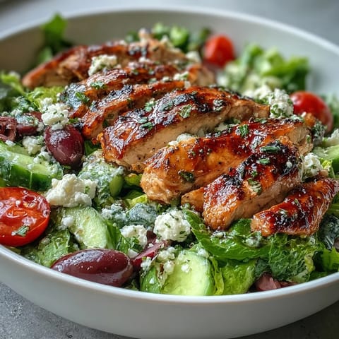 Greek Salad Bowl with Grilled Chicken topped with juicy marinated chicken and creamy feta on crisp romaine.  