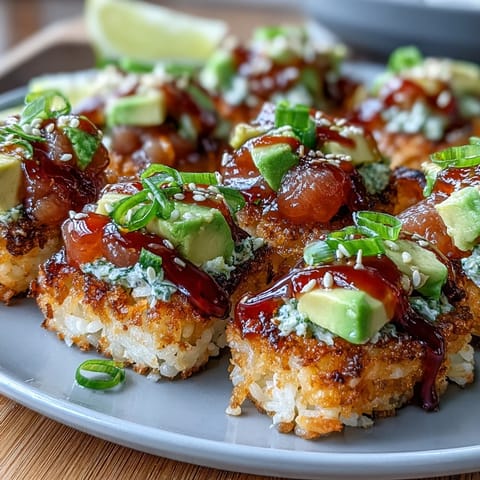 Vibrant U.S. foodie-favorite crispy rice salad featuring creamy avocado and zesty tuna.