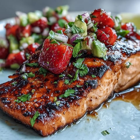 Grilled salmon topped with juicy strawberry avocado salsa, perfect for a light summer dinner.