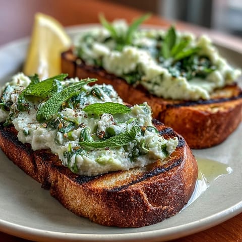 Vibrant Fava Bean and Mint Bruschetta topping smoky grilled sourdough for spring.