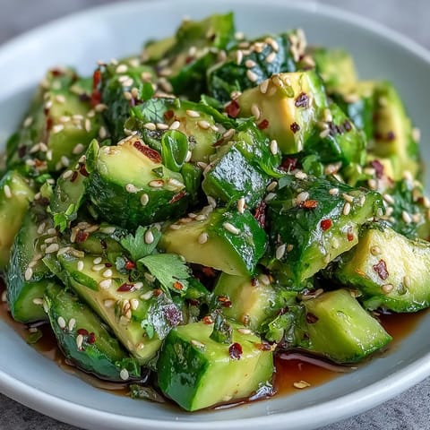 Smashed Cucumber and Avocado Salad: vibrant, crisp, creamy, with toasted sesame.