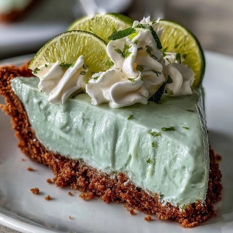 Creamy no-bake key lime pie, vibrant green filling on graham cracker crust.