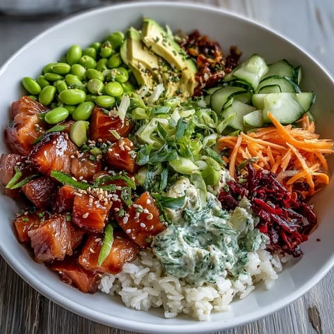Fresh Hawaiian salmon poke bowl, piled high with colorful vegetables for lunch.