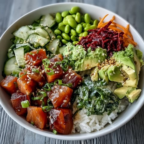 Vibrant salmon poke bowl with creamy avocado and edamame, ready to eat.