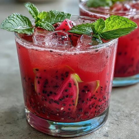 Close-up of vibrant dragon fruit lemonade with plump chia seeds, perfect summer drink.