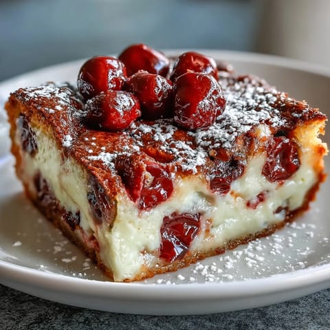 Golden baked Fresh Cherry Clafoutis, sweet cherries swimming in rich vanilla custard.