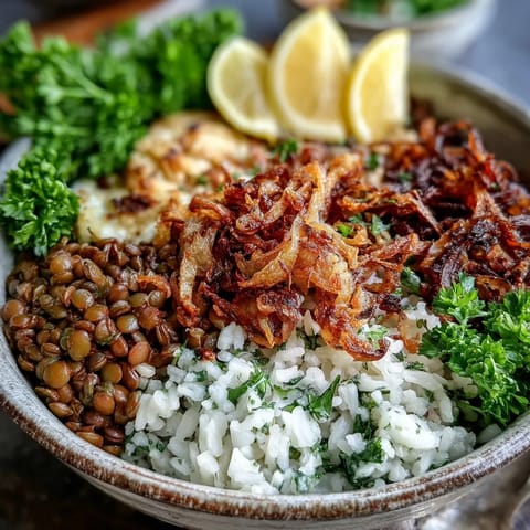 Vegetarian Mujadara, a comforting lentil and rice dish topped with crunchy onions.