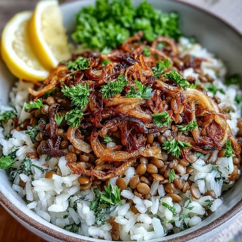 Hearty Levantine Mujadara with fluffy rice and golden crispy onions.