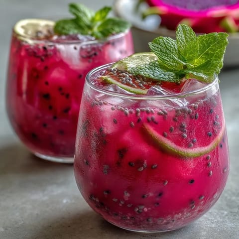 Dragon fruit lemonade with chia seeds, bright pink and refreshing over ice.