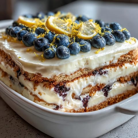 Lemon Blueberry Icebox Cake: A slice showcasing tangy lemon cream and fresh blueberries.