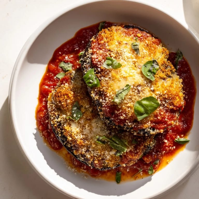 Steam rising from a freshly baked casserole of Eggplant Parmesan, a classic vegetarian main course.