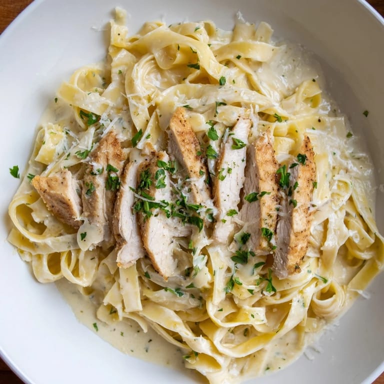 A generous serving of fettuccine Alfredo with tender, juicy sautéed chicken for a hearty Italian meal.