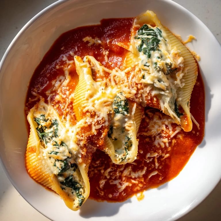 A close-up view of golden, baked Stuffed Shells, the perfect comfort food for a cozy night.
