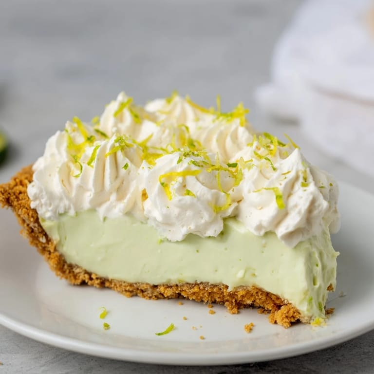 This Key Lime Pie features a golden graham cracker crust with a tart and sweet filling.