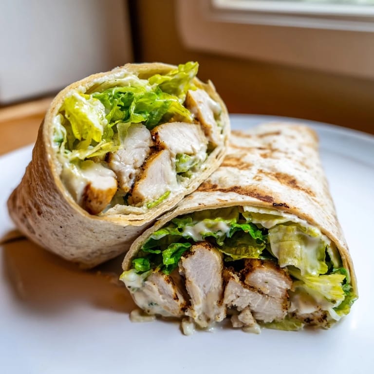A close-up of a Chicken Caesar Wrap, bursting with fresh ingredients, perfect for lunch.