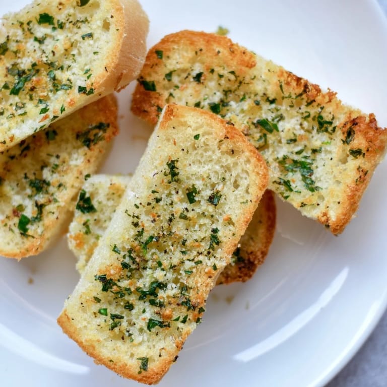 Melted garlic butter coats toasted Garlic Bread, promising a warm, savory bite alongside pasta.