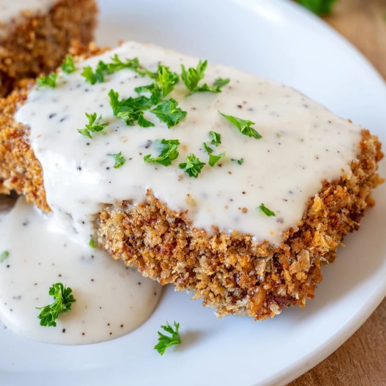 Crispy-coated Chicken Fried Steak, freshly fried and piled high alongside homemade gravy, looks amazing.