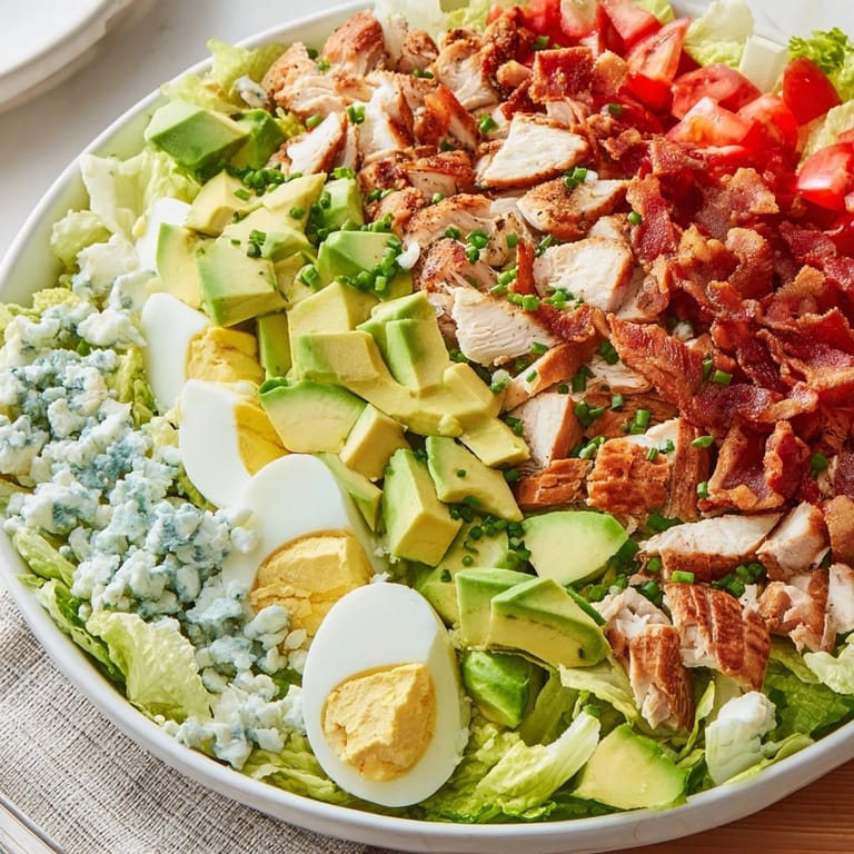 Enjoy this classic American Cobb Salad bursting with flavors of juicy tomatoes and tender chicken.