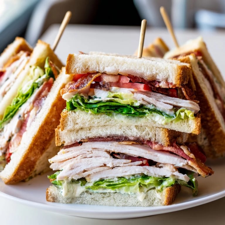This tempting image shows a diagonally cut Turkey Club Sandwich revealing juicy tomatoes and bacon.