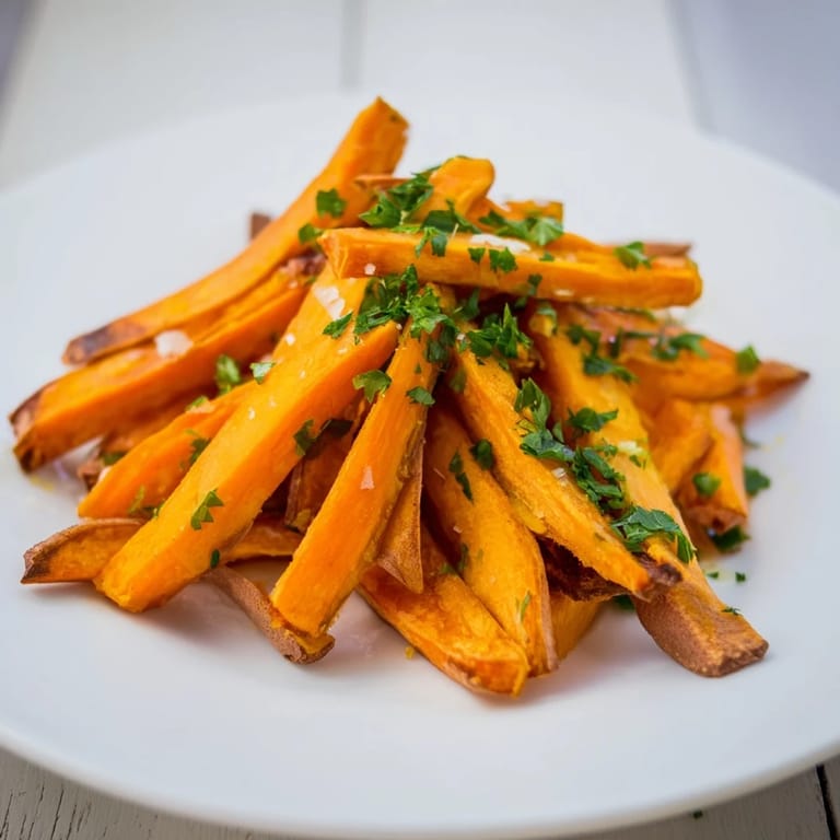 Oven-baked sweet potato fries, a side dish with perfectly crisp edges ready to serve.
