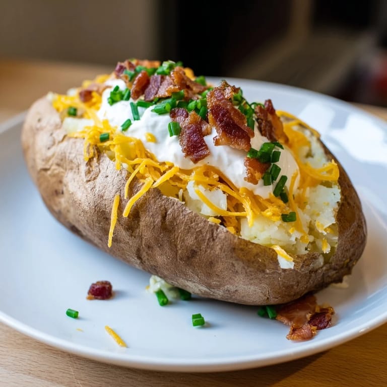 Close-up of a delicious, generously filled Loaded Baked Potato, a classic American side dish.