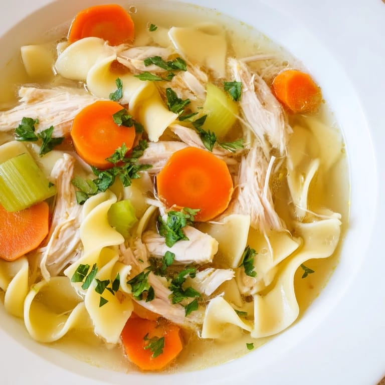 Homemade Chicken Noodle Soup featuring vibrant carrots and celery in a savory broth, ready to enjoy.