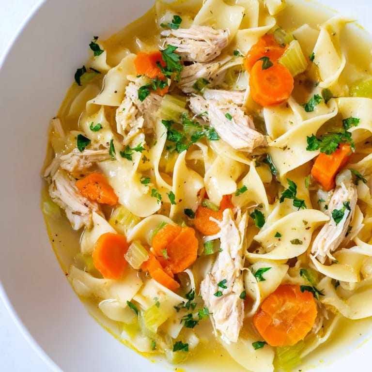 A close-up view of Chicken Noodle Soup, a comforting classic, garnished with fresh parsley.