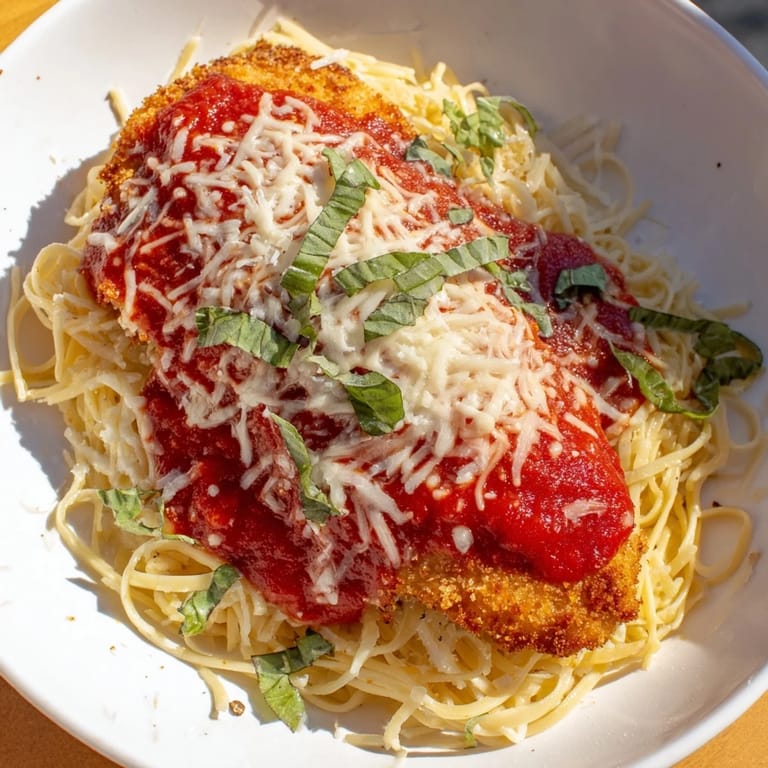 Homemade Chicken Parmesan, a classic Italian-American meal, ready to serve with fresh basil garnish.