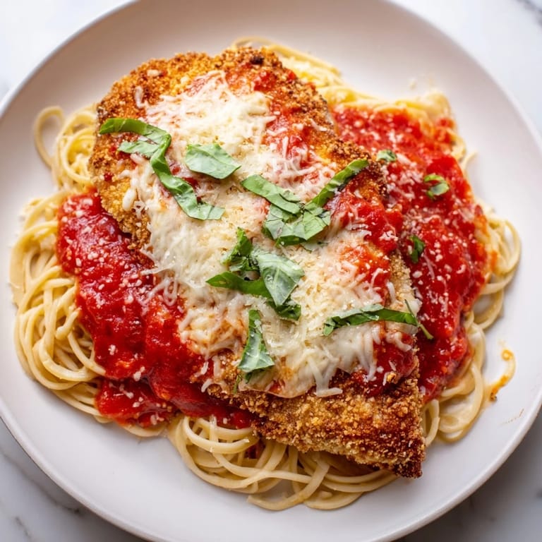 A close-up of a perfectly baked Chicken Parmesan, with melted mozzarella and a crispy breading.