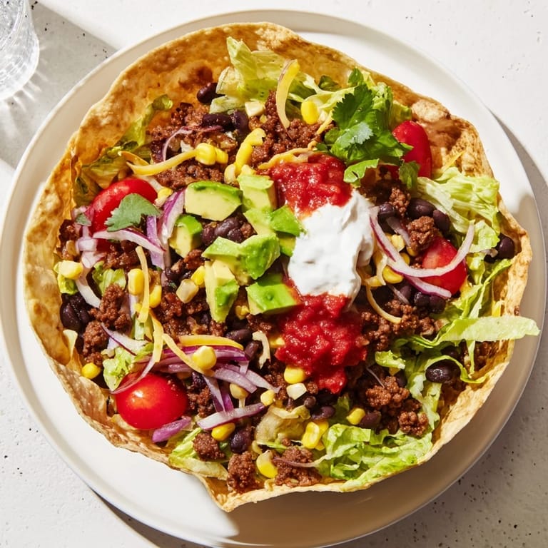 A close-up view of a delicious taco salad, overflowing with seasoned ground beef and melted cheese.