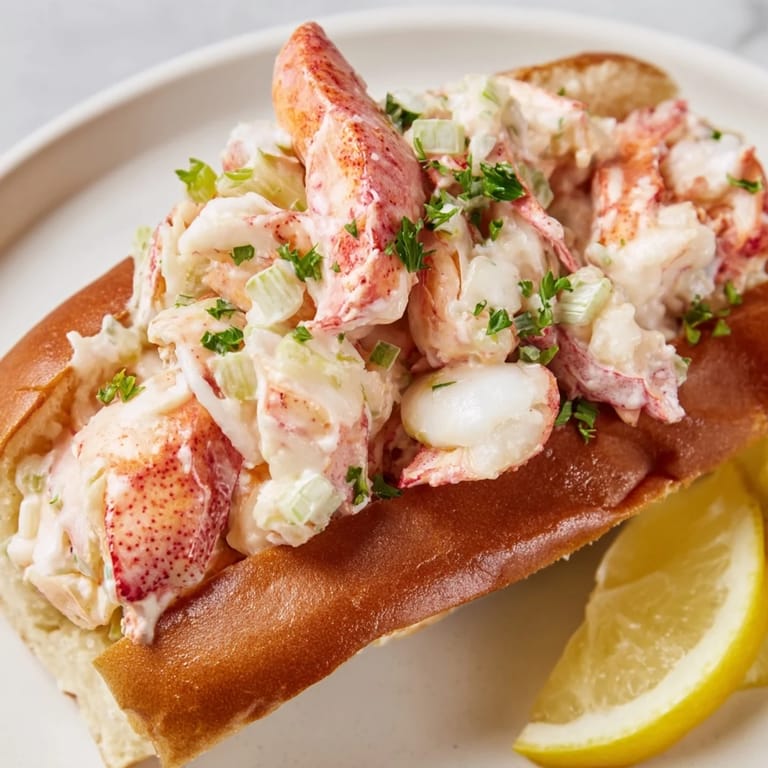 Perfectly plated New England Lobster Roll with green garnish, ready to be devoured.
