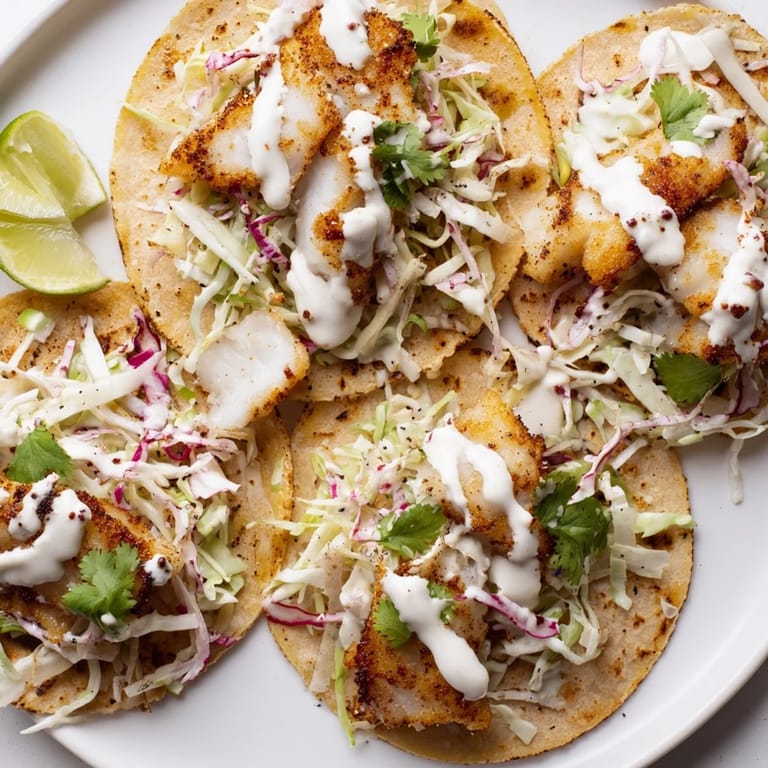 Close-up of freshly assembled fish tacos, showcasing flaky white fish and colorful toppings.