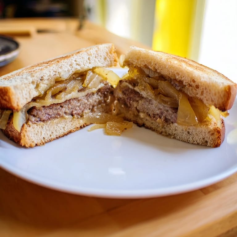 Savory Patty Melt with layers of melted Swiss, juicy beef, and sweet onions on toasted rye.