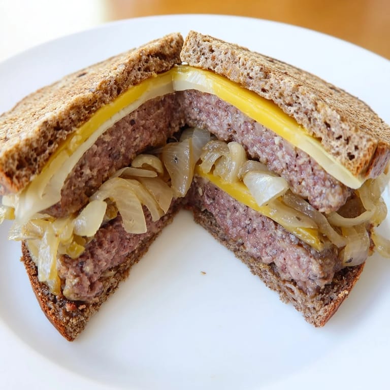 A perfectly grilled Patty Melt: a classic, savory sandwich with melted cheese and beef patties.