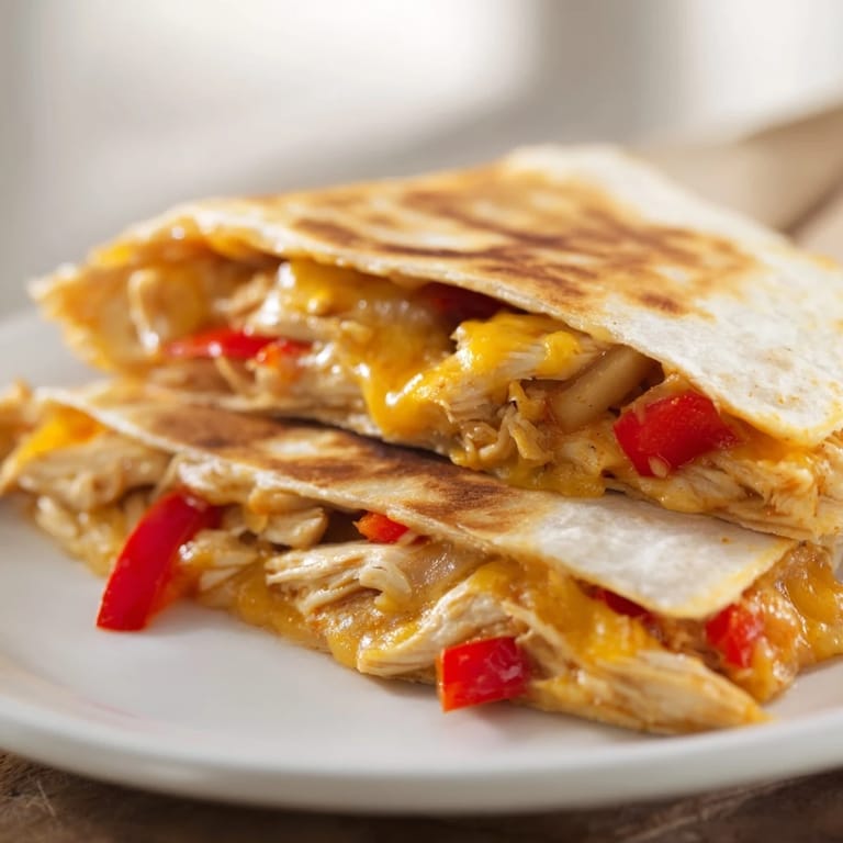 A perfectly folded Chicken Quesadilla, showcasing melted cheese and grilled chicken pieces, looks delicious.