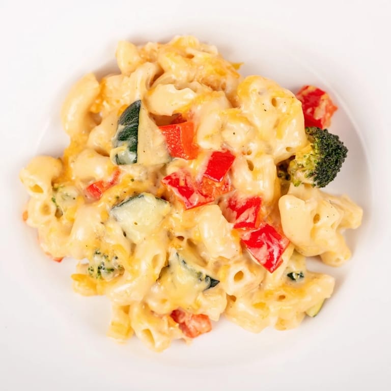A close-up of Roasted Veggie Mac & Cheese shows elbows of pasta coated in a rich cheddar sauce with vibrant roasted vegetable chunks.