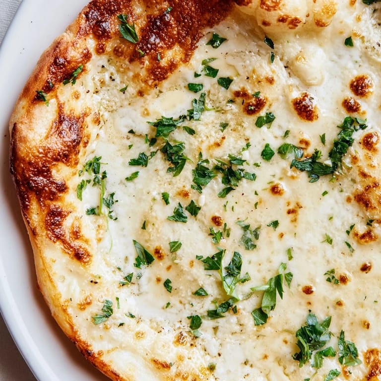 Hot Creamy Garlic White Pizza with a golden, charred crust and melted mozzarella, resting on a wooden cutting board.
