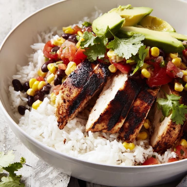 A fresh, colorful Spicy Chicken Burrito Bowl garnished with cilantro and lime wedges, perfect for an easy Tex-Mex family dinner served with your favorite toppings.